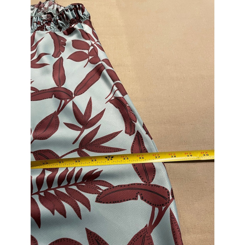 Anthropologie Maxi Slip Dress Size 1X Mint Green Brown Botanical Satin Leg Slit - Picture 8 of 14